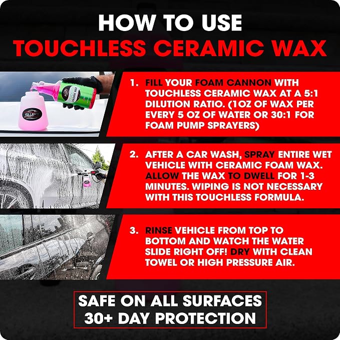 Swift Touchless Ceramic Foamable Wax (32 Oz) – Spray On/Rinse Off For High-Gloss, Hydrophobic Protective Layer | For Foam Cannon & Foam Pump Sprayer After Car Wash | Wax Cars, Trucks, RV’s & More!