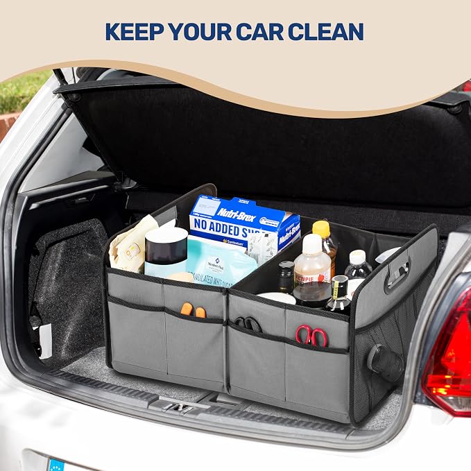 YSSOA Trunk Organizer for Car/SUV/Truck, Collapsible 2 Compartment Automotive Storage Box, 600D Waterproof Oxford Polyester 50L Travel Accessories, Anti-slip & Leak-proof, Grey (Pack of 2)