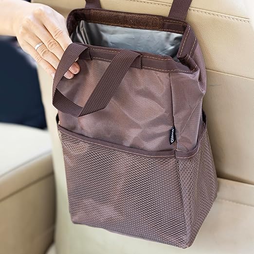 Ginsco New Leak-Proof Travel Trash Bag, Hanging Car Trash Can with Hook and Loop Lid and Handle, Multipurpose Trash Bin with Storage Pockets for Car SUV Truck RV Camping 2 Gallons (Brown)