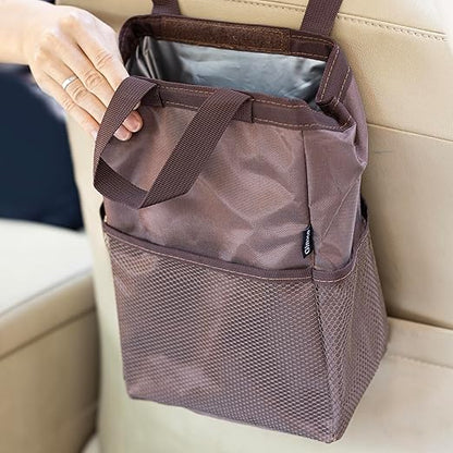 Ginsco New Leak-Proof Travel Trash Bag, Hanging Car Trash Can with Hook and Loop Lid and Handle, Multipurpose Trash Bin with Storage Pockets for Car SUV Truck RV Camping 2 Gallons (Brown)