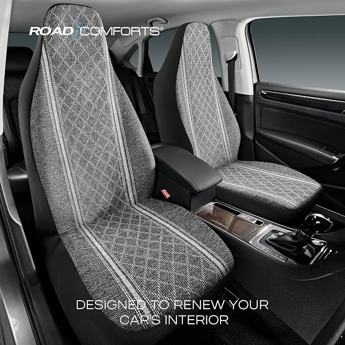 Road Comforts Baja Blanket Seat Covers Gray Diamond High Back Bucket Seat Covers - Jacquard Fabric, Airbag Compatible, Universal Fit for Cars, Trucks, SUVs, and Vans
