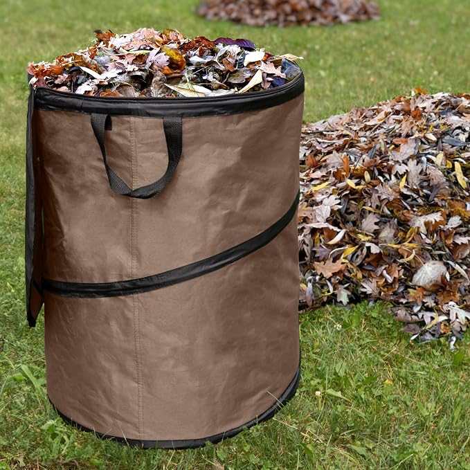 Wakeman Outdoor Trash Can - 46-Gallon Collapsible Garbage Can with 3 Stakes - Pop Up Trash Can for Camping, Storage, or Yard Waste Outdoors (Beige)