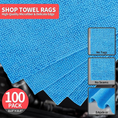 Shop Towels, 100 Pack Microfiber Towels for Cars, Microfiber Cleaning Cloths, Bulk Multipurpose Lint-Free Cleaning Rag for Mechanic Automotive Garage Office, 11.5"*11.5" Blue
