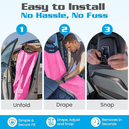 HAPPEGEAR Happeseat Waterproof Car Seat Cover & Protector – Universal Fit Car Seat Towel Cover – Non-Slip Backing, Easy Install & Storage, Machine Washable, Fits Front & Back, Pink