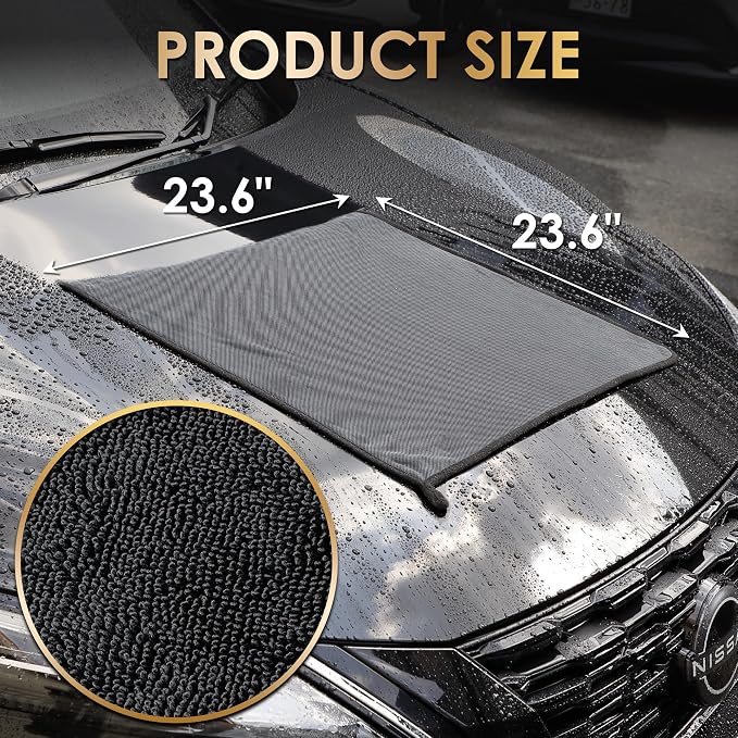 Yours Car Drying Towel, Double-Sided Microfiber Towel for Cars, Ultra Absorbent, Lint-Free, Streak-Free, Reusable, 23.6 x 23.6 in, Black (Large)