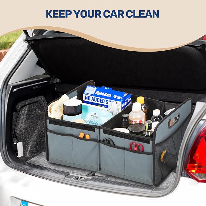 YSSOA Car Trunk Organizer with Lid, Collapsible 2 Compartment Automotive Storage Box, 600D Waterproof Oxford Polyester 50L Travel Accessories, Anti-slip & Leak-proof, Grey-Green