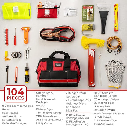 Thrive Car Emergency Kit & Roadside Emergency Car Kit - 104-Piece Set, Red Canvas Bag, Universal Fit - Jumper Cables, Escape Hammer & Tire Gauge - Road Trip Essentials & Emergency Supplies