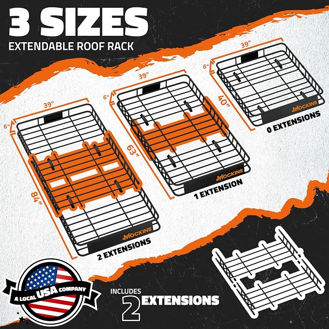 Mockins XL Extendable Roof Rack Cargo Carrier for Top of Vehicle Storage | 84"x39"x6" 250 Lbs Capacity Weatherproof Steel Roof Basket | Heavy Duty Car & SUV Rooftop Cargo Carrier Set w/ Straps & Net