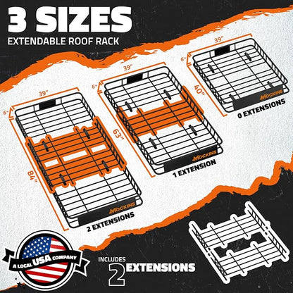 Mockins XL Extendable Roof Rack Cargo Carrier for Top of Vehicle Storage | 84"x39"x6" 250 Lbs Capacity Weatherproof Steel Roof Basket | Heavy Duty Car & SUV Rooftop Cargo Carrier Set w/ Straps & Net