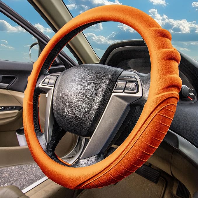 FH Group Steering Wheel Cover (Silicone W. Grip & Pattern Massaging grip Orange Color-Fit Most Car Truck Suv or Van) Orange