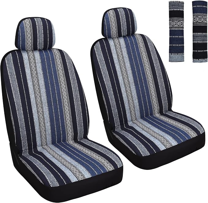 HAIYAOTIMES Baja Saddle Blanket Car Seat Covers Front Set with Seat Belt Pads, Washable Breathable Seat Covers for Cars, Universal Fit Interior Covers for Most Sedan Truck SUV, Airbag Compatible, Blue