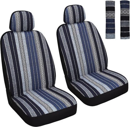 HAIYAOTIMES Baja Saddle Blanket Car Seat Covers Front Set with Seat Belt Pads, Washable Breathable Seat Covers for Cars, Universal Fit Interior Covers for Most Sedan Truck SUV, Airbag Compatible, Blue