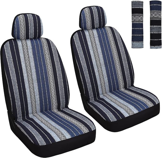 HAIYAOTIMES Baja Saddle Blanket Car Seat Covers Front Set with Seat Belt Pads, Washable Breathable Seat Covers for Cars, Universal Fit Interior Covers for Most Sedan Truck SUV, Airbag Compatible, Blue