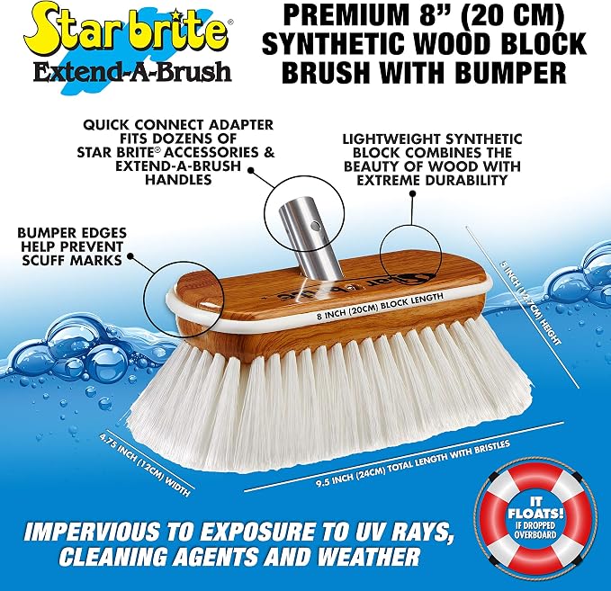 STAR BRITE 8" Premium Cleaning Brush – Synthetic Wood Block with High-Density Star Prene Fibers for Boat Decks, Docks & Tough Surfaces – Fits Extend-A-Brush Handles – Stiff Bristle, White (040172)