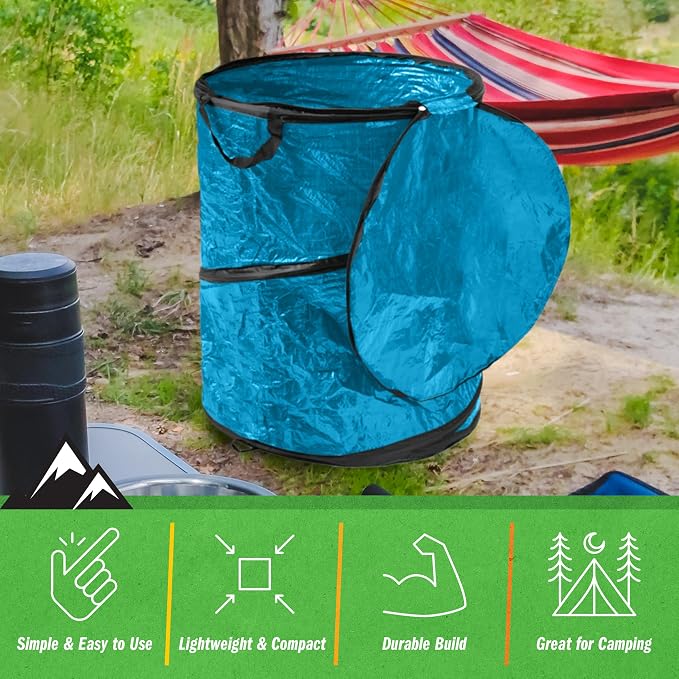 Wakeman Collapsible Trash Can - Pop Up 44-Gallon Outdoor Portable Garbage Bag Holder with Zippered Lid - Recycle Bin for Camping or Parties (Blue)