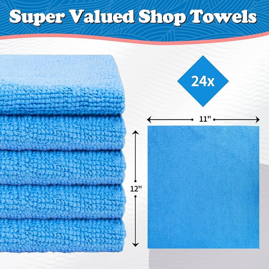 FIXSMITH Microfiber Cleaning Cloth, Shop Towels Bulk, 24 Pack Blue Microfiber Towels for Cars, All-Purpose Absorbent Cleaning Rags, Dust Cloth for Automotive, Mechanic, Garage, Bar, 12 x 11 inch