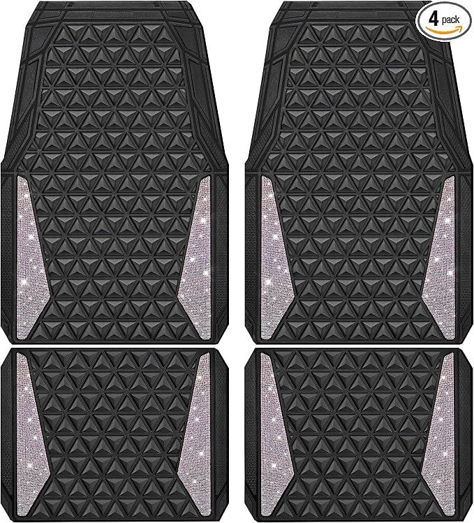 CAR PASS Bling Diamond Car Mats Rubber Floor Mats Full Set Anti-Slip 3D Rhombus Waterproof Trim Fit Liner Universal Glitter Crystal Sparkly Shining Rhinestone Girl Women SUV Sedan, Multicolor Diamond