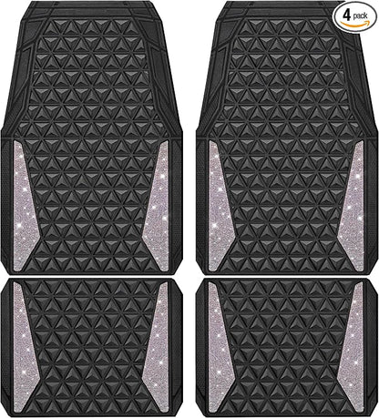 CAR PASS Bling Diamond Car Mats Rubber Floor Mats Full Set Anti-Slip 3D Rhombus Waterproof Trim Fit Liner Universal Glitter Crystal Sparkly Shining Rhinestone Girl Women SUV Sedan, Multicolor Diamond