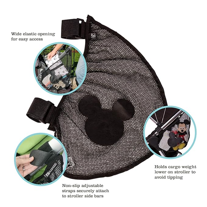J.L. Childress Disney Baby Side Sling Stroller Cargo Net - Stroller Organizer Attachment for Storage,Mesh Bag for Baby Accessories,Universal Fit - Mickey,Black,(Pack of 12)