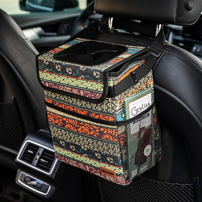 SIBOFUEGO Car Garbage Can Cute - Leak-Proof Car Trash Can with Lid and Storage Pockets, Car Trash Bin for Men and Women, Boho Aztec Essentials: Must-Have Car Interior Accessories (Boho Carnival)