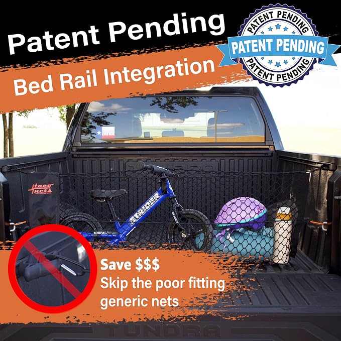 TacoNets Envelope Cargo Net for Toyota Tundra - Fits 2007-Current - Patented Bed Rail Integration - Upgraded 5mm Bungee - Integrated Storage Bag - Heavy Duty Carabiners - Designed in USA