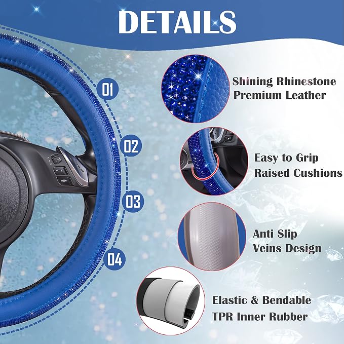 CAR PASS Bling Diamond Leather Steering Wheel Cover, with Bling Sparkly Crystal Glitter Rhinestones Universal Fit 14" 1/2-15" Car Wheel Protect for Women Girl Fit Suvs,Vans,Sedans,Cars,Trucks, Blue