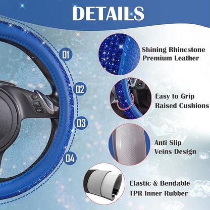 CAR PASS Bling Diamond Leather Steering Wheel Cover, with Bling Sparkly Crystal Glitter Rhinestones Universal Fit 14" 1/2-15" Car Wheel Protect for Women Girl Fit Suvs,Vans,Sedans,Cars,Trucks, Blue