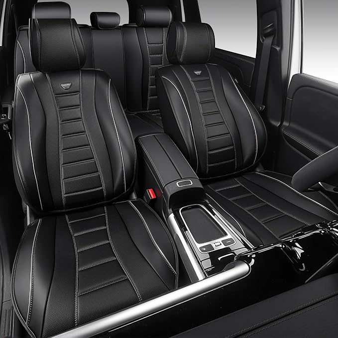 CAR PASS Universal Fit Piping Leather Seat Covers for Cars SUV Trucks, Waterproof Nappa Leather Car Seat Covers Full Set, 3D Foam Cushions Seat Cover Luxury&Comfort&Durable Airbag Compatible, Black