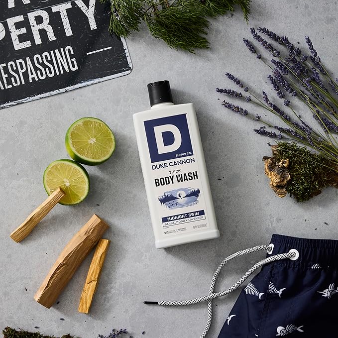 Duke Cannon Supply Co. Thick High Viscosity Body Wash - 3X Thicker, Cleansing Shower and Bath Gel, Mineral-Enriched Body Wash for Men - Sandalwood + Lavender - Mens Body Scrub - Midnight Swim (18 oz)