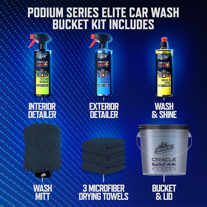 Armor All Podium Series Elite 9‑Piece Car Detailing Kit - Car Cleaning Kit with Bucket, Car Wash, Detailer Sprays, Wash Mitt & Microfiber Towels, Car Gift, Developed with Oracle Red Bull Racing