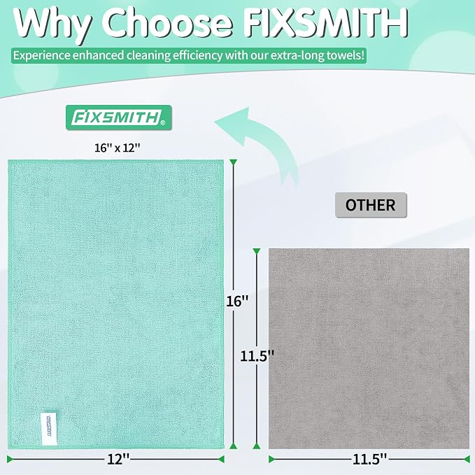 FIXSMITH Turquoise Microfiber Cleaning Cloth -Pack of 8, Highly Absorbent Cleaning Rags, 16"X12" All Purpose Cleaning Towels for Housekeeping, Kitchen, Car, Lint Free and Reusable Microfiber Towels