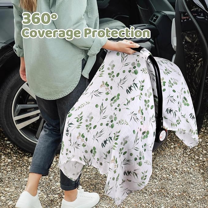Rquite Car Seat Cover Baby for Boys Girls, 100% Muslin Cotton Infant Carseat Canopy, Soft Breathable Stroller Sun Shade & Newborn Shower Gift, Large Size Universal Fit Summer, Hot & Warm Weather