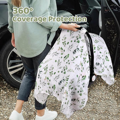 Rquite Car Seat Cover Baby for Boys Girls, 100% Muslin Cotton Infant Carseat Canopy, Soft Breathable Stroller Sun Shade & Newborn Shower Gift, Large Size Universal Fit Summer, Hot & Warm Weather