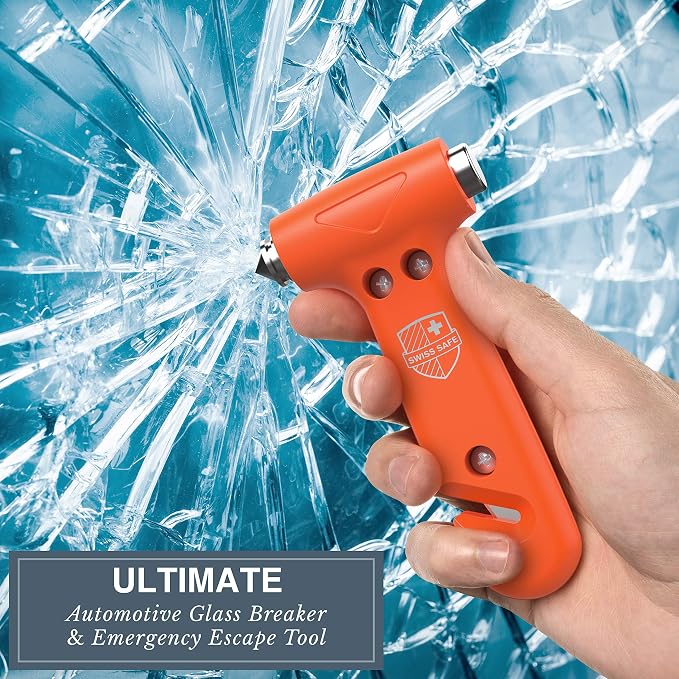 Swiss Safe Durable 5-1 Car Safety Hammer Window Breaker Breaker Tool w/Seatbelt Cutter - Emergency Escape Glass Hammer - Truck, Car Safety Essentials & Accessories - Orange, 1 Pack