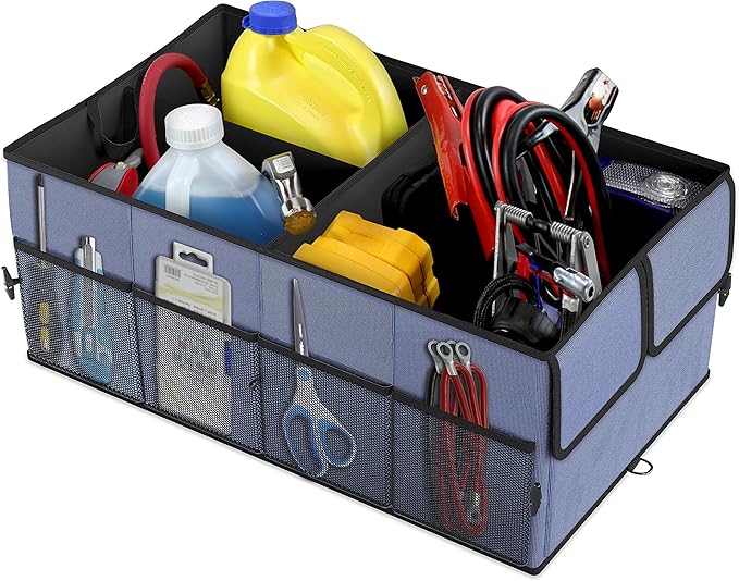 EPAuto Foldable Car Trunk Organizer for SUV, 3-Compartment with Removable Divider, Blue