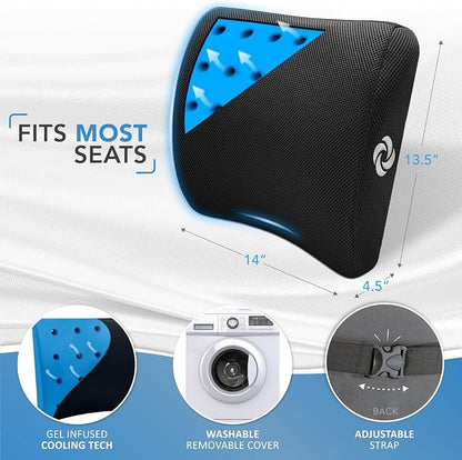 Samsonite Memory Foam Lumbar Support Pillow for Office Chair, Gaming Chair & Car Seat Automotive Use, Home Office Essentials for Sitting Comfort and Posture Relief Back Support, Black with Cooling Gel