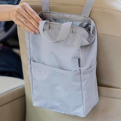 Ginsco New Leak-Proof Travel Trash Bag, Hanging Car Trash Can with Hook and Loop Lid and Handle, Multipurpose Trash Bin with Storage Pockets for Car SUV Truck RV Camping 2 Gallons (Atomic Silver)