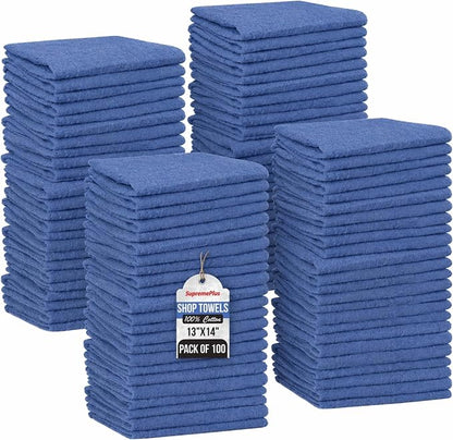 Shop Towels (Blue, 100-Pack) - Bulk Cleaning Towel in a Bag, Mechanic Cotton Wipes for Car Maintenance, Auto Mechanics & Garage, Wipe Grease & Oil, Machine Wash & Reusable