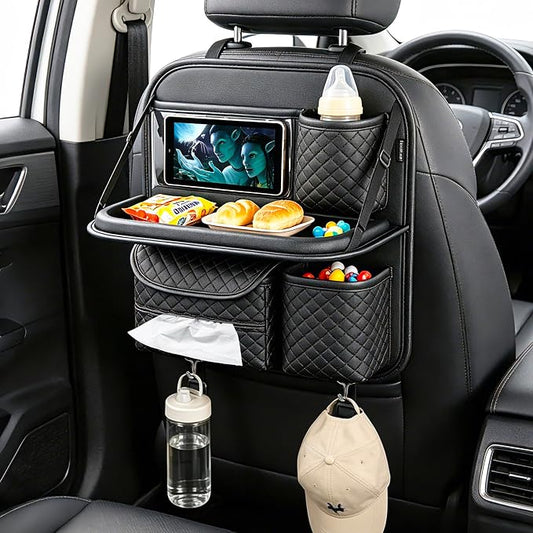 PU Leather Backseat Car Organizer with Foldable Tray & Tablet Holder, Luxury Diamond Stitching Design, Universal Car Seat Storage Organizer for Kids & Family Travel Accessories, Black