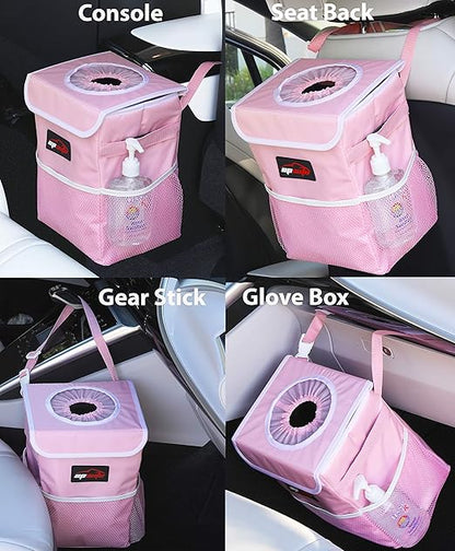 EPAuto Waterproof Car Trash Can with Lid and Storage Pockets, 2.5 Gallon Leakproof, Pink