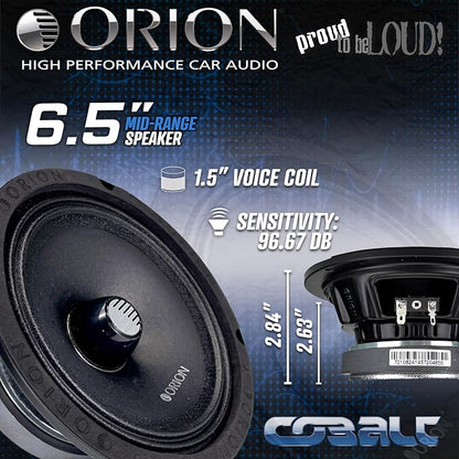 ORION Cobalt CM654 High Efficiency 6.5" Mid-Range Bullet Loudspeakers, 1000W Max Power, 250W RMS, 4 Ohm, 1.5" Voice Coil - Pro Car Audio Stereo, Midrange Speakers (Pair)