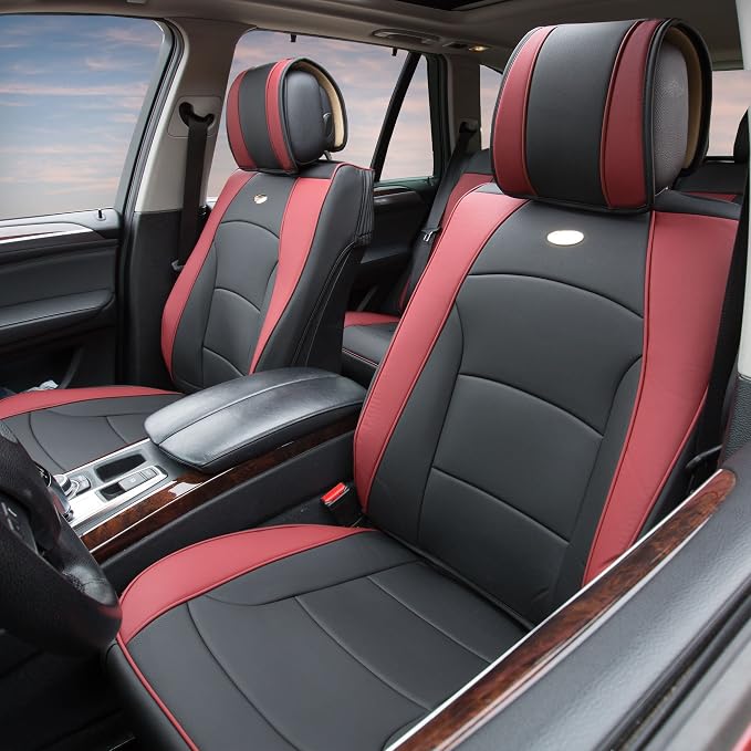 FH GROUP Front Set Faux Leather Car Seat Cover Cushions for Low Back Seat, Universal Fit, Airbag Compatible Seat Cover for SUV, Sedan, Van, Burgundy