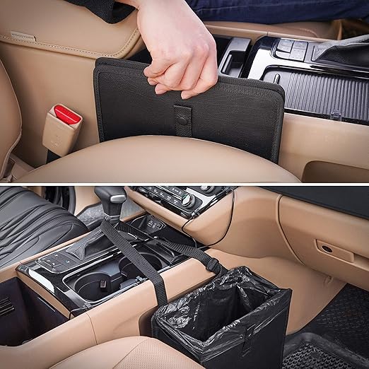 KMMOTORS Jopps Premium Car Trash Can – Foldable Bin with Strap, PU Leather & Oxford, Waterproof, Space-Saving, Simple Modern Design, Mounts on Headrest, Console, Gear Shift (Large, Beige)
