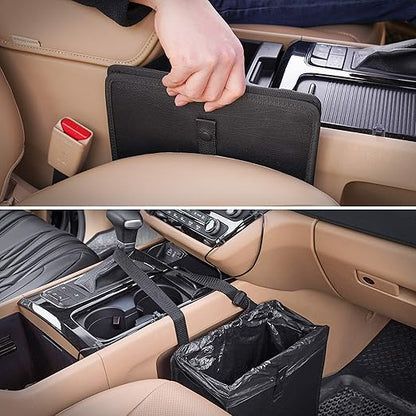 KMMOTORS Jopps Premium Car Trash Can – Foldable Bin with Strap, PU Leather & Oxford, Waterproof, Space-Saving, Simple Modern Design, Mounts on Headrest, Console, Gear Shift (Large, Beige)