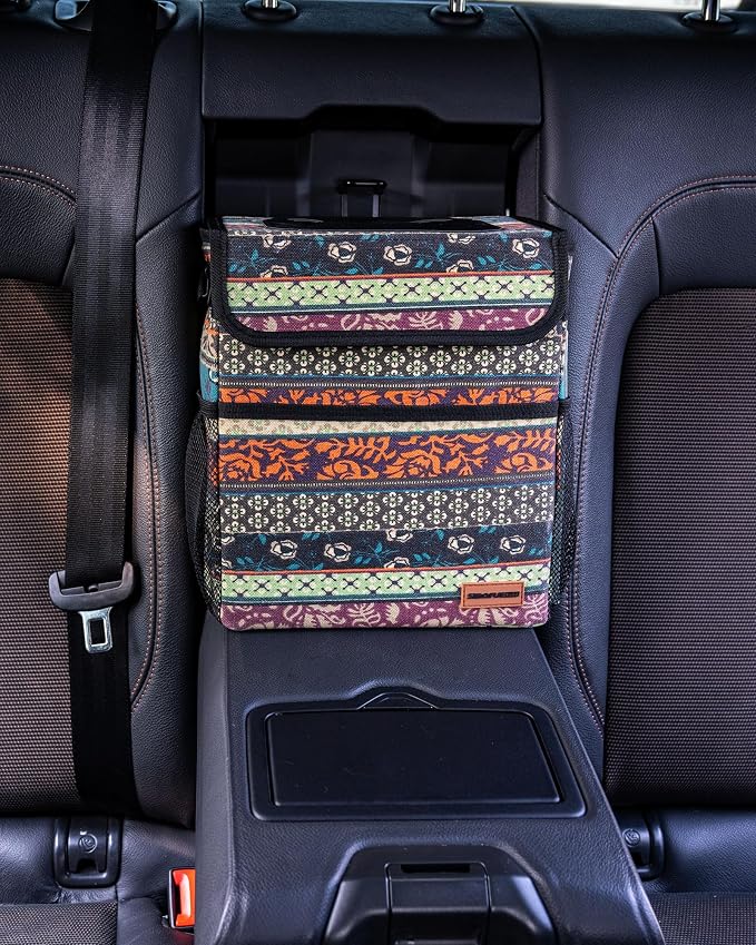 SIBOFUEGO Car Garbage Can Cute - Leak-Proof Car Trash Can with Lid and Storage Pockets, Car Trash Bin for Men and Women, Boho Aztec Essentials: Must-Have Car Interior Accessories (Boho Carnival)