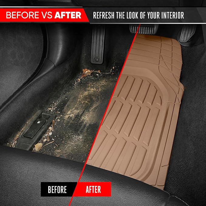 Motor Trend FlexTough LITE Rubber Car Mats Full Set - All Weather Floor Mats for Trucks, Cars & SUVs - Automotive Waterproof Beige Car Floor Mats for Cars Interior Accessories Universal Trim-to-Fit