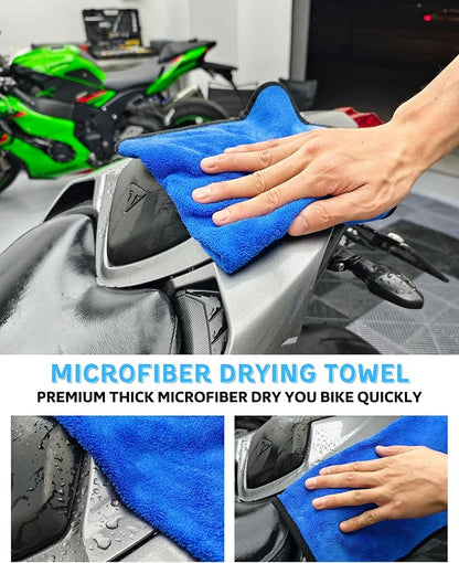 Motorcycle Cleaning Brush Kit 6 Pack, Easy Reach Brush, Chain Brush,Wool Wash Mitt, Stiff Tire Brush, Detailing Brush& Microfiber Towel for Motorcycle Mudguard, Rims,Exhaust, Frame Detailing Wash Kit