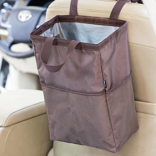 Ginsco New Leak-Proof Travel Car Trash Bag, 3.5 Gallons Large Capacity Hanging Car Trash Can with Hook and Loop Lid and Handle, Multipurpose Trash Bin with Storage Pockets for SUV RV Camping (Brown)