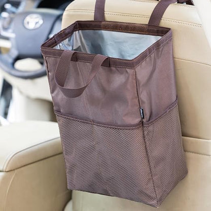 Ginsco New Leak-Proof Travel Car Trash Bag, 3.5 Gallons Large Capacity Hanging Car Trash Can with Hook and Loop Lid and Handle, Multipurpose Trash Bin with Storage Pockets for SUV RV Camping (Brown)