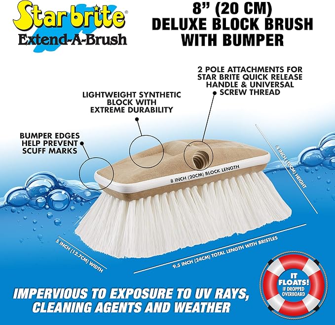 STAR BRITE Premium Stiff Bristle 8" Brush Head W/Bumper - Dual Connections Fit Either Standard 3/4" Threaded Poles or Extend-A-Brush Handles (Coarse) (White) (040163)